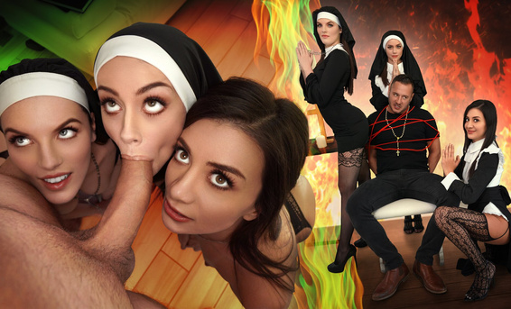 Три сексуальные монашки проводят групповой секс обряд экзорцизма